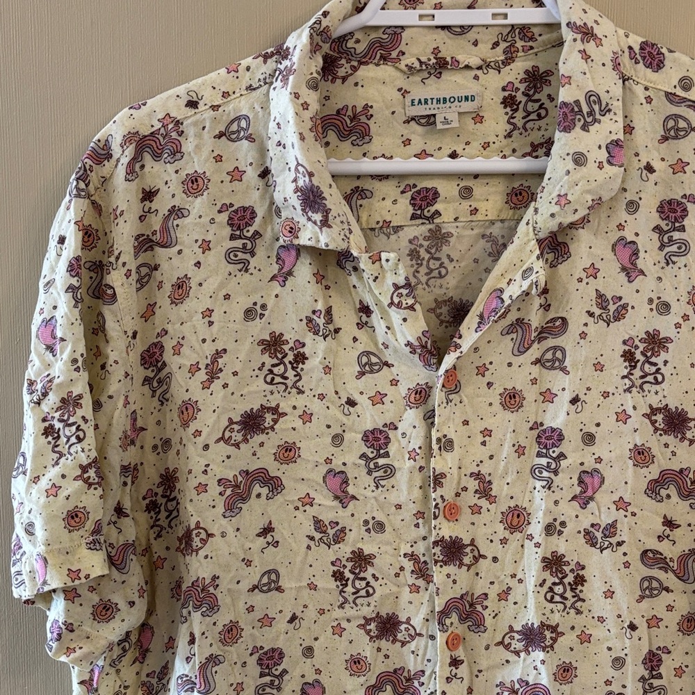 EARTHBOUND Men's Cream Shirt with Pink and Brown Patterns